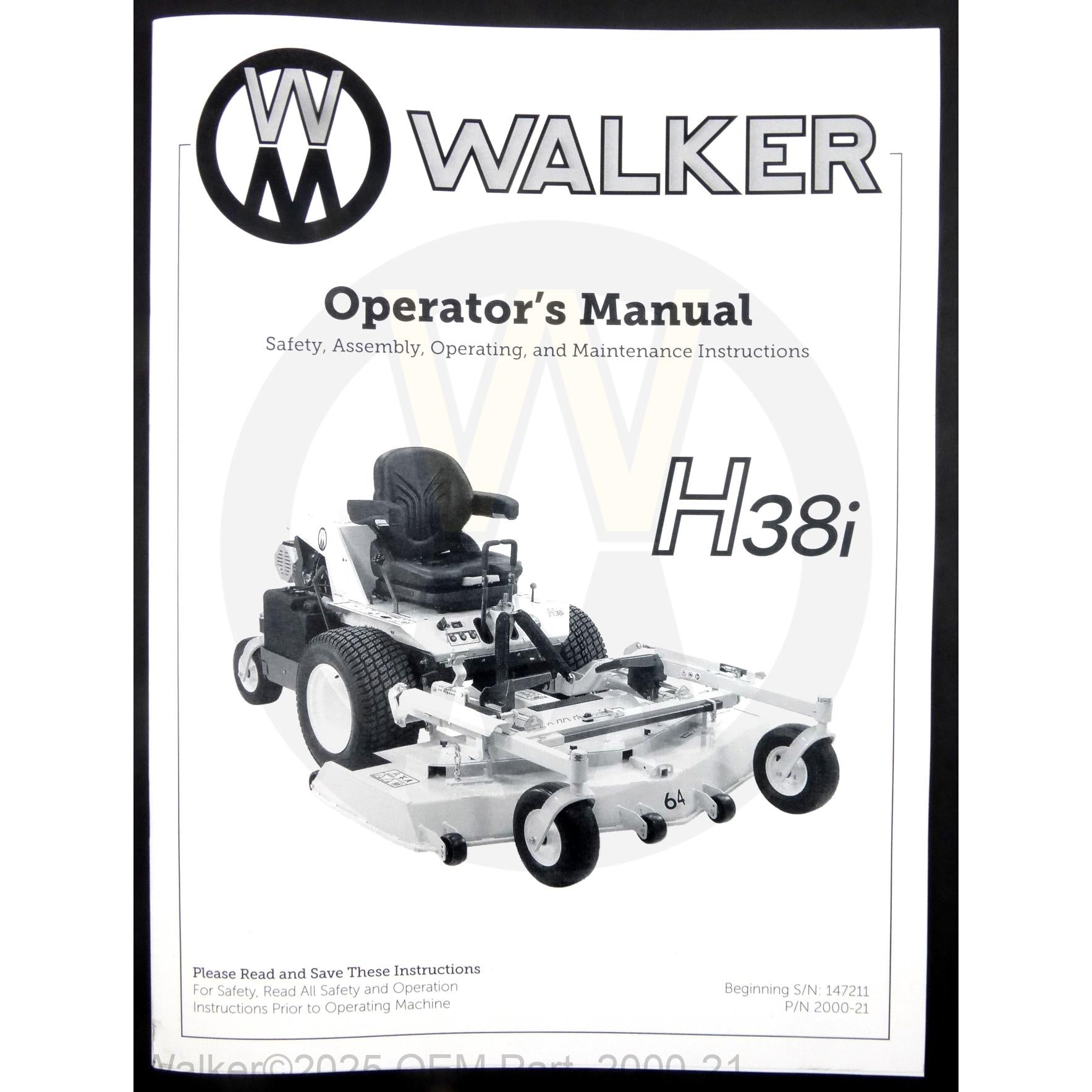 Walker Part # 2000-21 : MH38i Operator's Manual